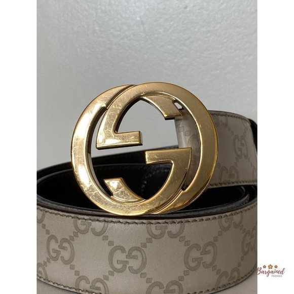 Authentic Gucci Cream Guccissima Leather Gold Interlocking G Buckle Belt 85/34 - Picture 2 of 13